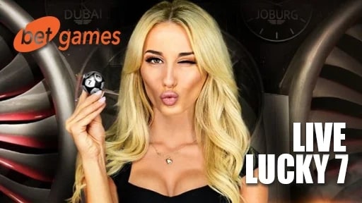 Live Lucky 7 casino game hostess holding a lottery ball