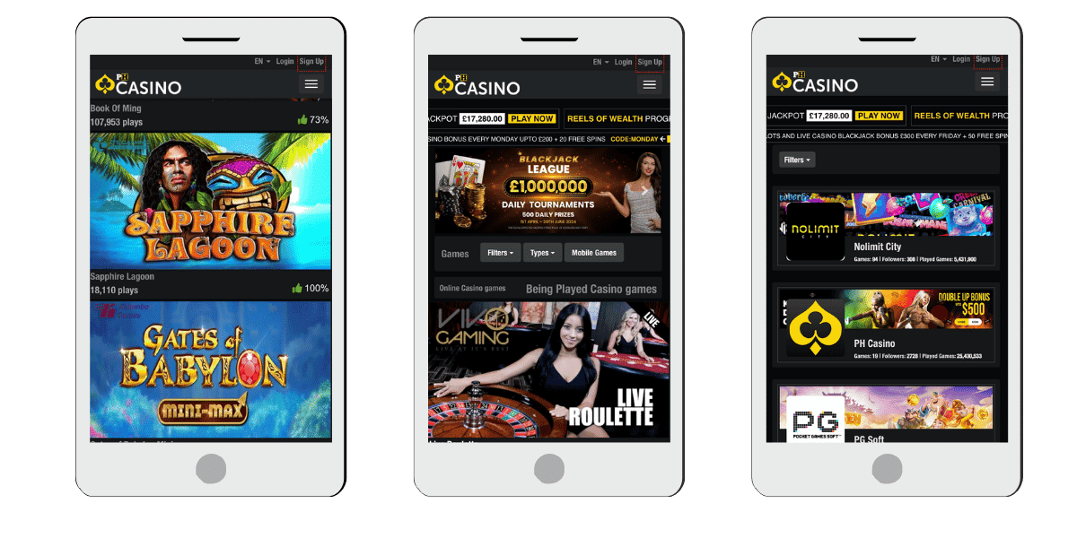 Pornhub Casino mobile interface preview with casino games and live roulette section